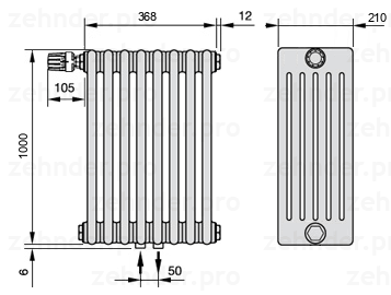 Схема (чертеж) Радиатор Zehnder Charleston 6100/8 №V007 Белый глянцевый RAL 9016